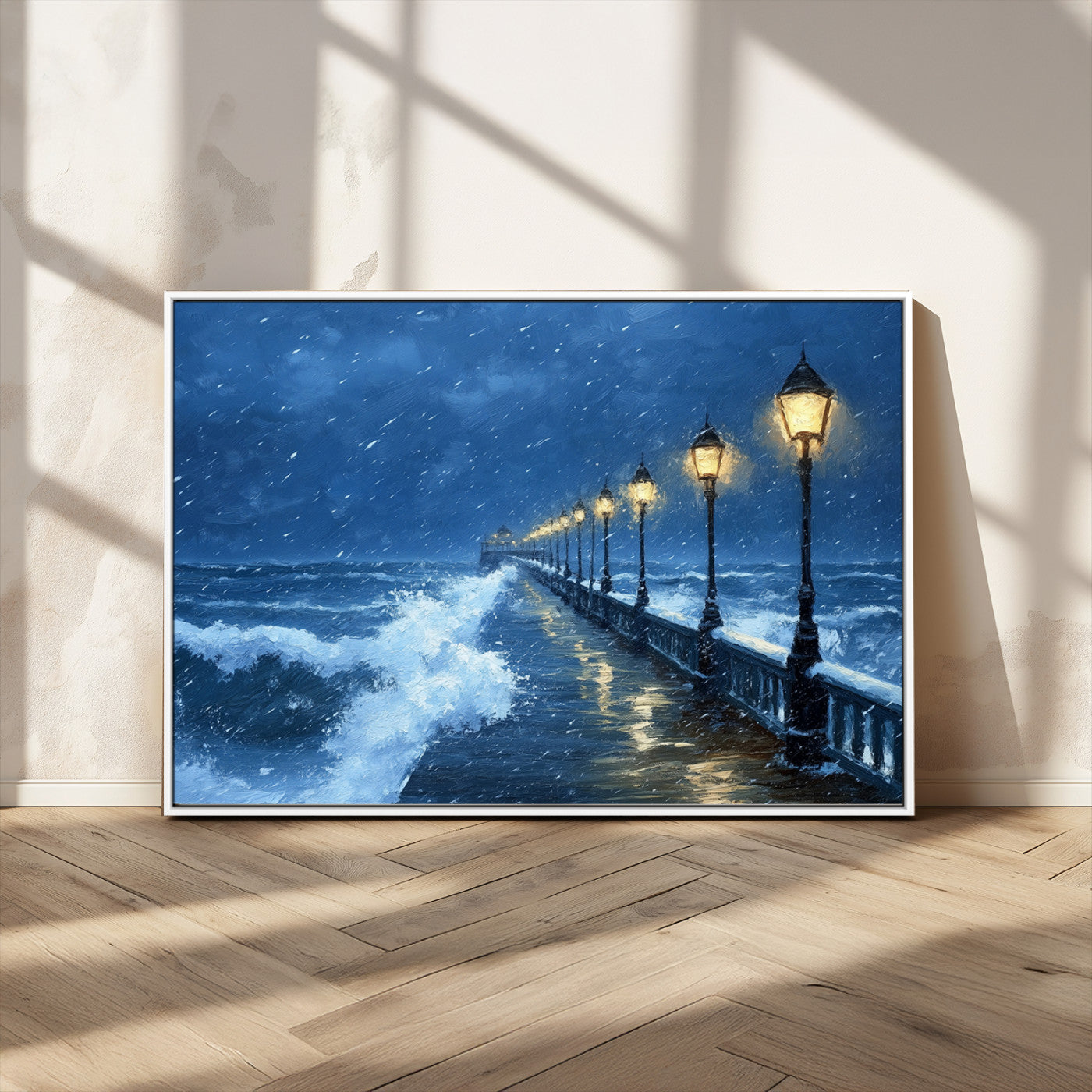 32668-MGV-CV-36X24-Stormy Pier Wall Art – Ocean Waves and Street Lamps Canvas Print, Rainy Night Seascape Oil Painting Poster for Living Room,