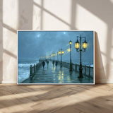 79606-MGV-FC-36X24_White-Rainy Pier Night Wall Art – Ocean Waves and Street Lamps Canvas Print, Moody Seascape Oil Painting Poster for Living Room,