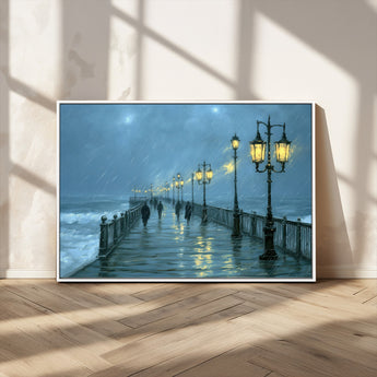 79606-MGV-FC-36X24_White-Rainy Pier Night Wall Art – Ocean Waves and Street Lamps Canvas Print, Moody Seascape Oil Painting Poster for Living Room,