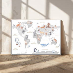12796-MGV-CV-36X24-Animal World Map Wall Art – Watercolor Animal Canvas Print, Educational Global Map Poster for Kids Room, Nursery, Playroom,