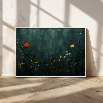 26218-MGV-CV-36X24-Wildflower Wall Art – Dark Botanical Floral Canvas Print, Modern Nature Painting Poster with Daisy Poppy Yellow Flowers for Living