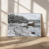 29975-MGV-FC-36X24_White-Winter Cabin by the Lake Wall Art – Snowy Mountain Landscape Canvas Print, Rustic Lodge Cabin Decor for Cozy Living Room, Bedroom