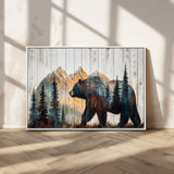 90077-MGV-CV-36X24-Wood Grizzly Bear Wall Art Canvas Print, Framed Abstract Bear Art Picture Print, Bear in Forest Perfect Rustic Lodge Decor Artwork