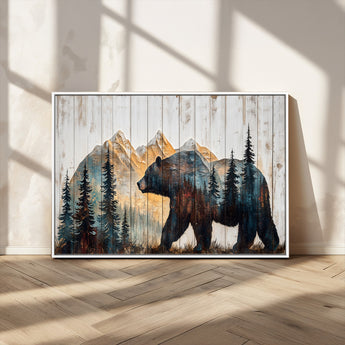 90077-MGV-CV-36X24-Wood Grizzly Bear Wall Art Canvas Print, Framed Abstract Bear Art Picture Print, Bear in Forest Perfect Rustic Lodge Decor Artwork