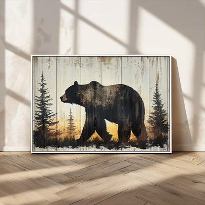 83875-MGV-CV-36X24-Sunset Bear Wall Art – Rustic Wildlife Canvas Print with Forest Silhouette, Cabin Lodge Decor for Living Room or Office