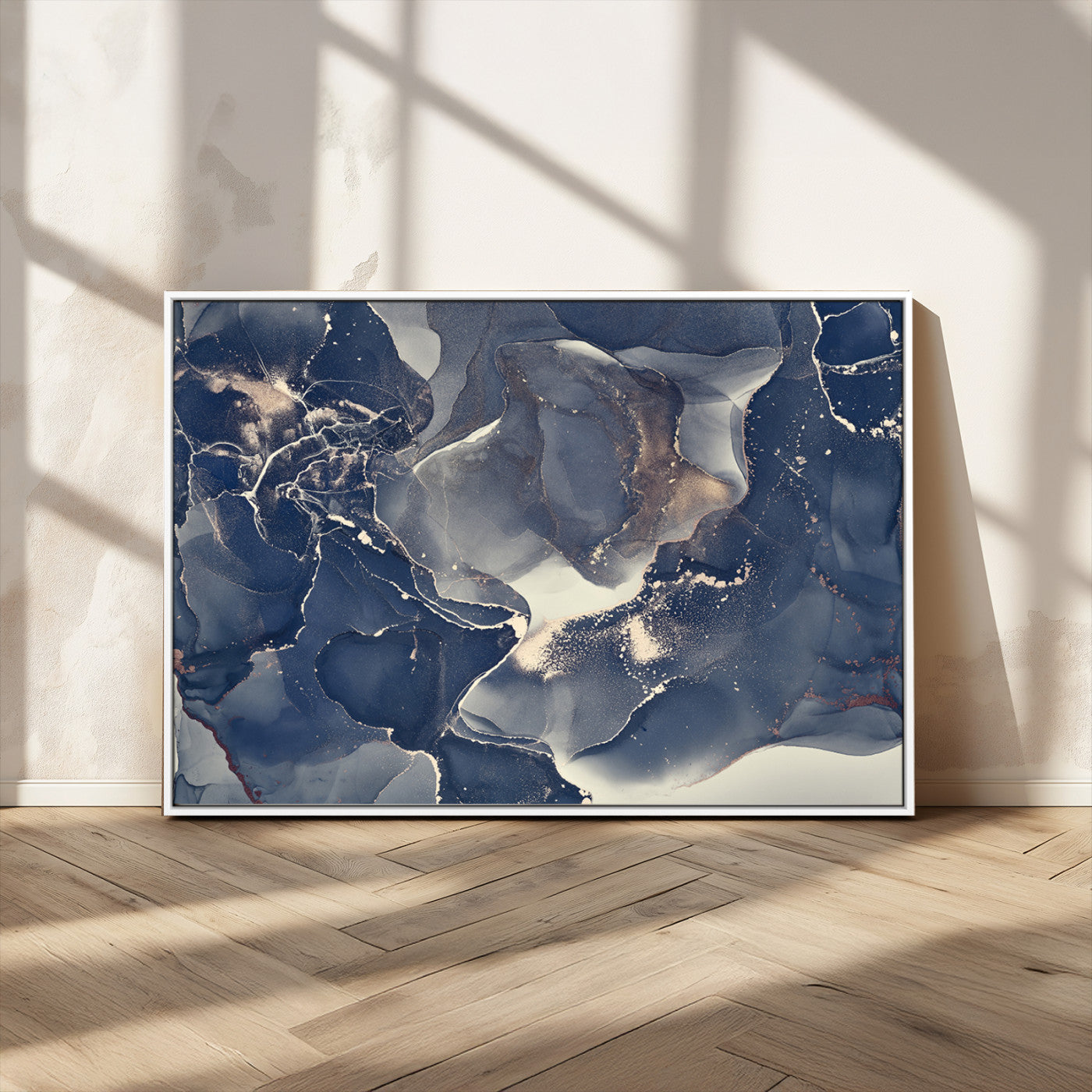 28282-MGV-CV-36X24-Blue Abstract Wall Art – Modern Ink Swirl Canvas Print, Contemporary Navy and Gold Painting for Living Room, Bedroom, Office or