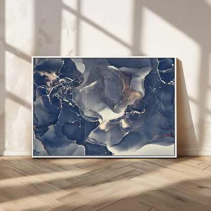 28282-MGV-CV-36X24-Blue Abstract Wall Art – Modern Ink Swirl Canvas Print, Contemporary Navy and Gold Painting for Living Room, Bedroom, Office or