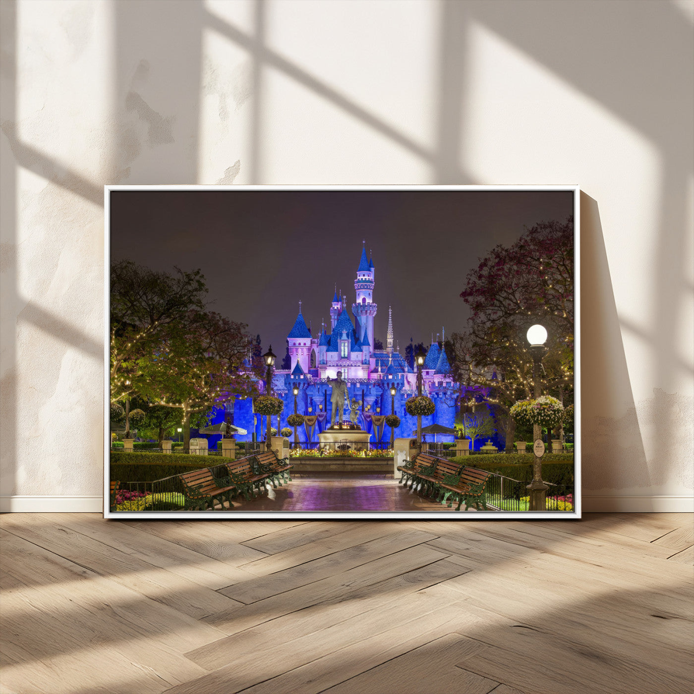 63560-MGV-FC-36X24_White-Fairy Tale Castle Wall Art – Magical Night Scene Canvas Print with Lights and Gardens, Fantasy Architecture Artwork for Living