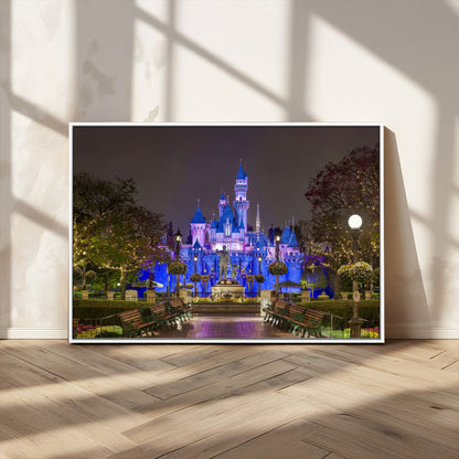 63560-MGV-FC-36X24_White-Fairy Tale Castle Wall Art – Magical Night Scene Canvas Print with Lights and Gardens, Fantasy Architecture Artwork for Living