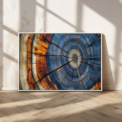10583-MGV-CV-36X24-Tree Ring Wall Art – Abstract Wood Grain Canvas Print with Blue and Brown Tones, Nature Inspired Rustic Artwork for Living Room,
