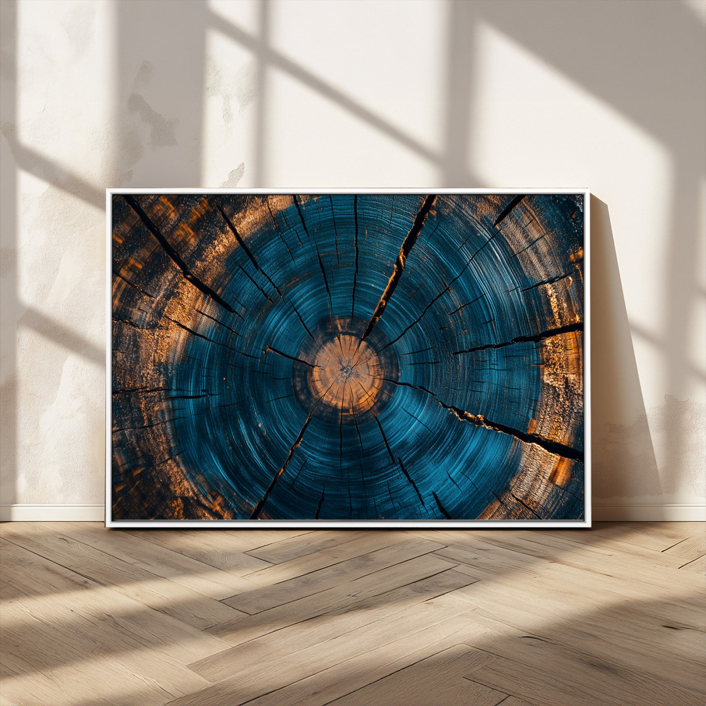 13398-MGV-CV-36X24-Tree Ring Wall Art – Abstract Wood Grain Canvas Print with Blue and Orange Accents, Rustic Nature Inspired Artwork for Living