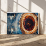 48045-MGV-CV-36X24-Tree Ring Abstract Wall Art – Rustic Wood Grain Canvas Print with Brown Center and Blue Brush Strokes, Nature Inspired Artwork for