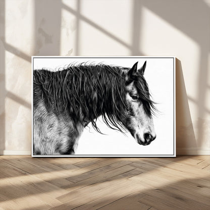 57694-MGV-CV-36X24-Horse Portrait Wall Art – Black and White Canvas Print with Detailed Stallion Profile, Rustic Farmhouse Equestrian Artwork for