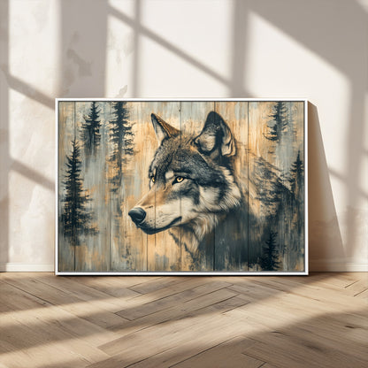 51892-MGV-CV-36X24-Wolf Wall Art – Rustic Canvas Print of Wolf with Forest Trees on Wood Texture, Wildlife Lodge Artwork for Living Room, Bedroom,