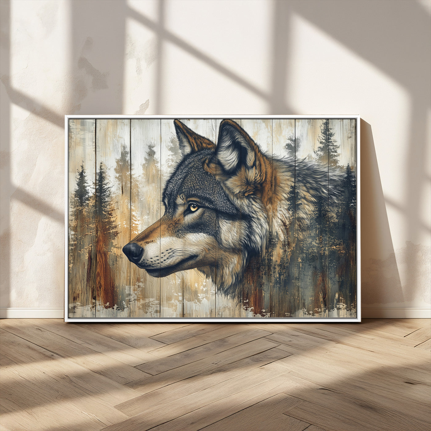 91882-MGV-CV-36X24-Wolf Wall Art – Rustic Canvas Print of Forest Wolf on Wood Background, Wildlife Lodge Artwork for Living Room, Bedroom, Cabin, or