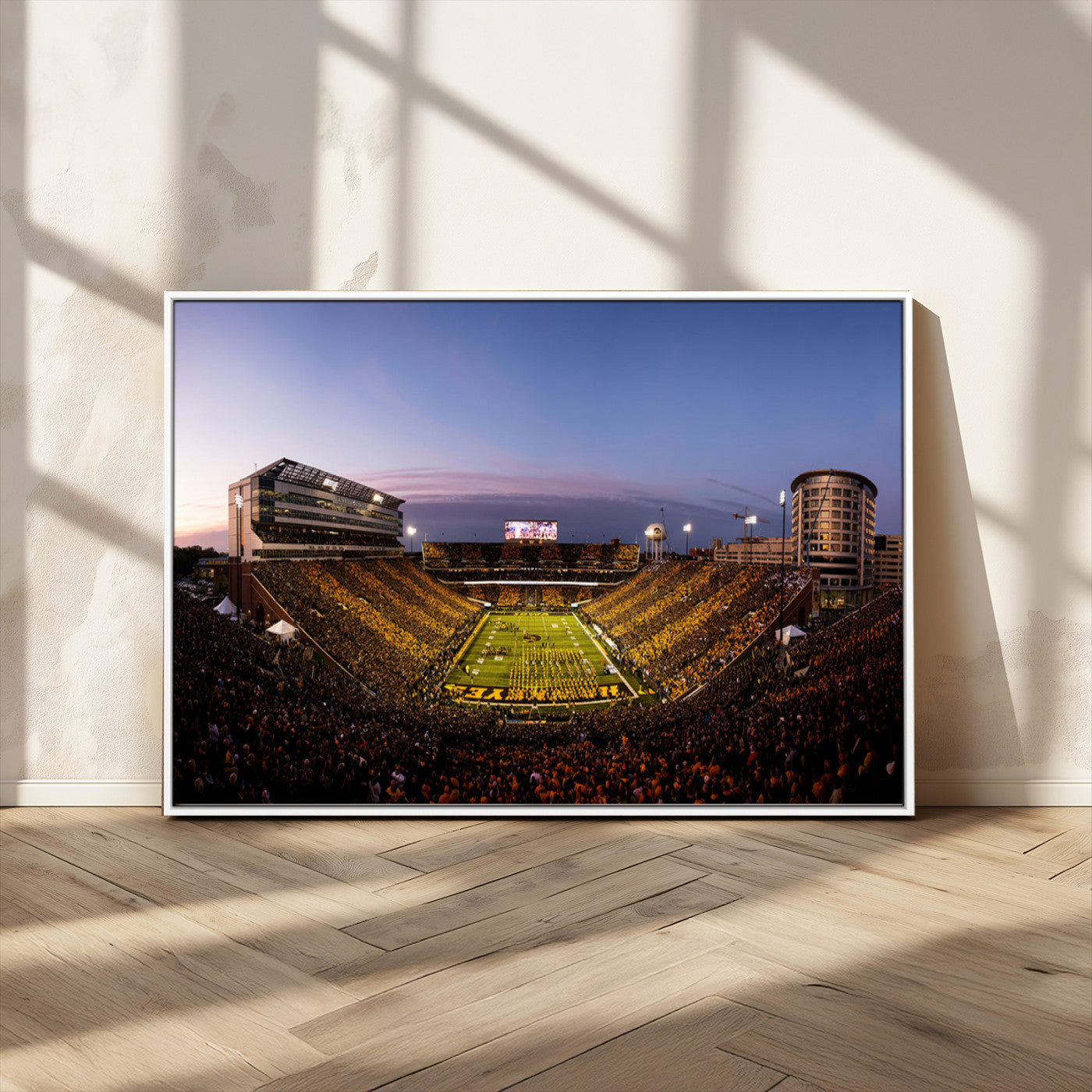 82557-MGV-CV-36X24-College Football Stadium Wall Art – Panoramic Sunset Canvas Print with Marching Band and Game Day Crowd, Sports Artwork for Man