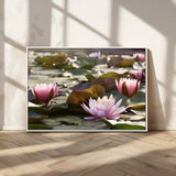 28394-MGV-CV-36X24-Water Lily Pond Wall Art – Pink Lotus Flowers Canvas Print with Green Lily Pads, Peaceful Botanical Artwork for Living Room,