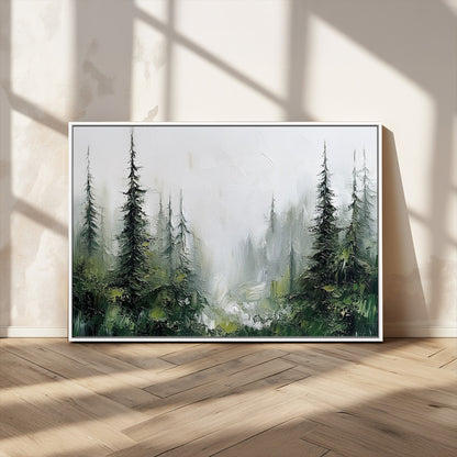 76014-MGV-CV-36X24-Forest Wall Art – Textured Canvas Print Featuring Misty Evergreen Pines and Woodland Landscape, Rustic Nature Artwork for Living