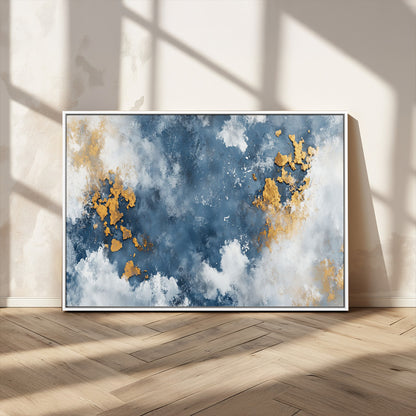 39575-MGV-CV-36X24-Blue and Gold Abstract Wall Art – Modern Canvas Print Featuring Cloudy Textures with Metallic Accents, Contemporary Artwork for