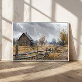 Farm1-MGV-CV-36X24-Rustic Autumn Farmhouse Wall Art – Serene Countryside Scene Canvas Print, Weathered Barn and Autumn Trees Decor for Living Room,