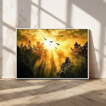 13776802-MGV-CV-36X24-Golden Forest Wall Art Canvas Print, Framed Sunset Pines Art Picture Print, Flying Birds Perfect Nature Glow Decor Artwork