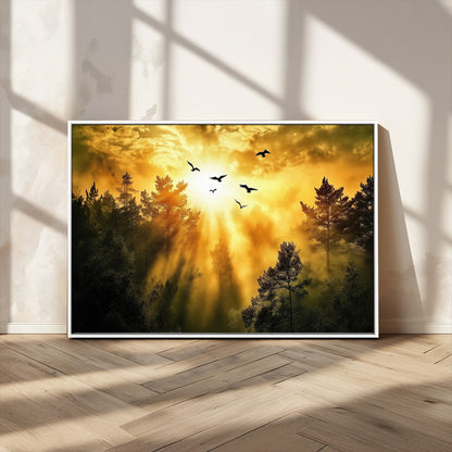 13776802-MGV-CV-36X24-Golden Forest Wall Art Canvas Print, Framed Sunset Pines Art Picture Print, Flying Birds Perfect Nature Glow Decor Artwork
