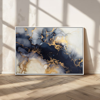 41136487-MGV-FC-36X24_White-Black Marble Wall Art Canvas Print, Framed Gold Veins Art Picture Print, Abstract Texture Perfect Moody Luxe Decor Artwork