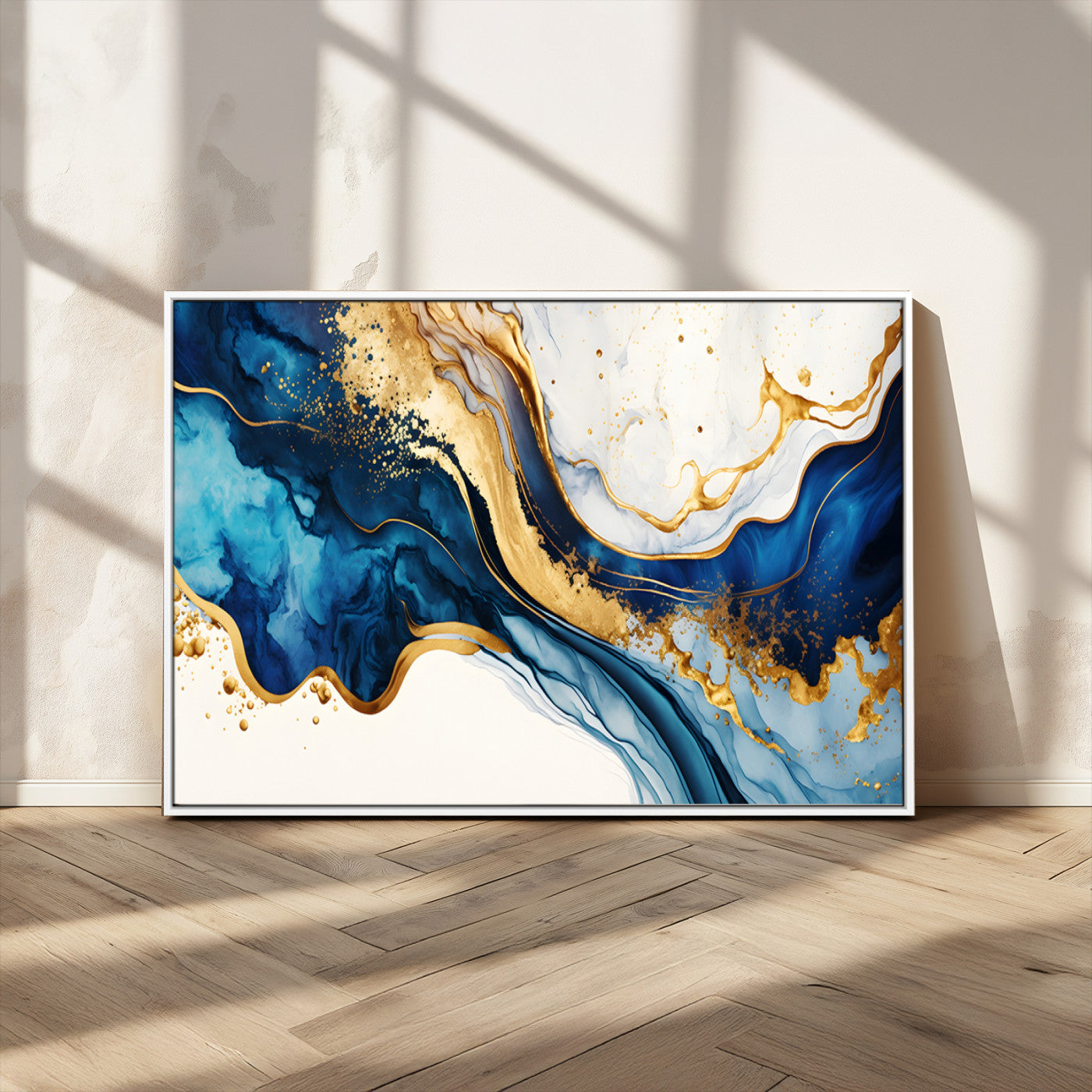 60283636-MGV-CV-36X24-Blue Gold Flow Wall Art Canvas Print, Framed Marble Texture Art Picture Print, Elegant Splash Perfect Elegant Abstract Decor