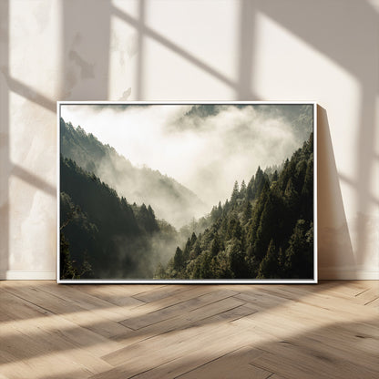 57570237-MGV-CV-36X24-Misty Valley Wall Art Canvas Print, Framed Foggy Forest Art Picture Print, Pine Trees Perfect Moody Woodland Decor Artwork