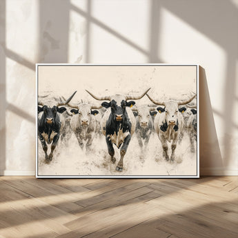 61538944-MGV-CV-36X24-Texas Longhorn Wall Art Canvas Print, Framed Cattles Walking Art Picture Print, Black White Bulls Perfect Rustic Western Decor