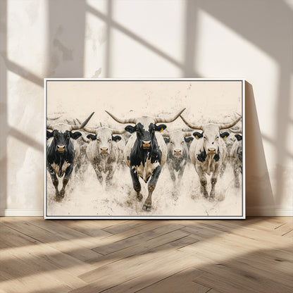 61538944-MGV-CV-36X24-Texas Longhorn Wall Art Canvas Print, Framed Cattles Walking Art Picture Print, Black White Bulls Perfect Rustic Western Decor