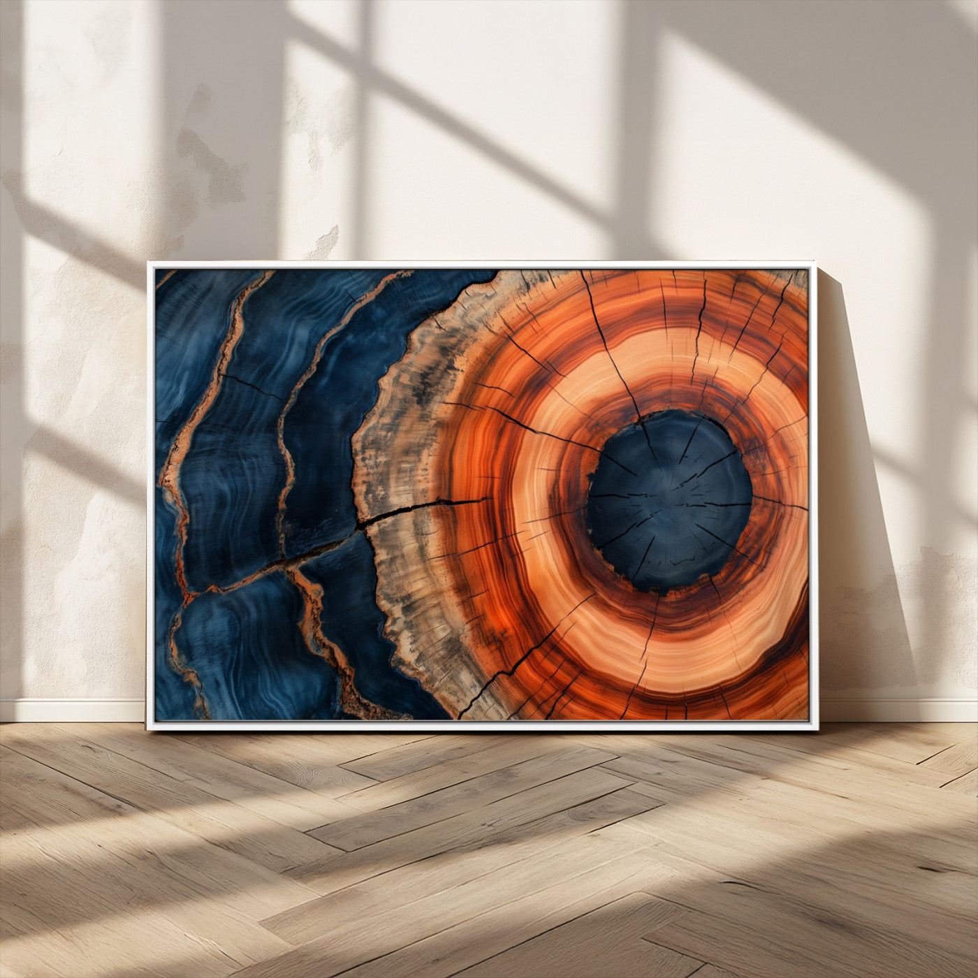 41123192-MGV-CV-36X24-Tree Ring Canvas Wall Art – Abstract Blue Orange Wood Grain Print, Rustic Modern Nature Artwork for Living Room, Bedroom, Office