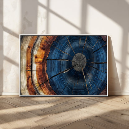 60099360-MGV-CV-36X24-Blue Tree Ring Wall Art – Rustic Wood Grain Canvas Print, Modern Abstract Artwork with Natural Texture for Living Room, Bedroom,