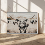 27497342-MGV-CV-36X24-Texas Longhorn Wall Art Canvas Print, Framed Speckled Cow Art Picture Print, Horned Cattle Perfect Rustic Western Decor Artwork