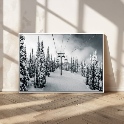 31156828-MGV-CV-36X24-Snowy Pines Wall Art Canvas Print, Framed Ski Lift Art Picture Print, Winter Forest Perfect Moody Lodge Decor Artwork