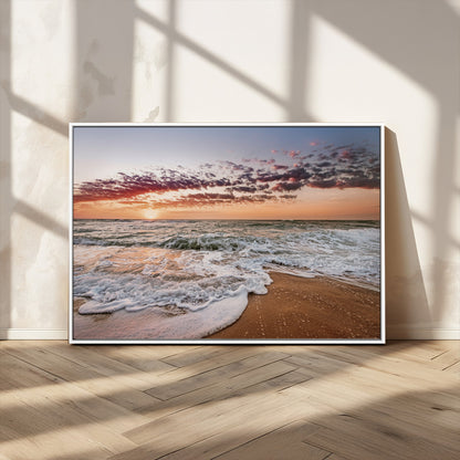 39846389-MGV-CV-36X24-Ocean Sunset Wall Art Canvas Print, Framed Sandy Shore Art Picture Print, Gentle Waves Perfect Minimalist Coastal Decor Artwork