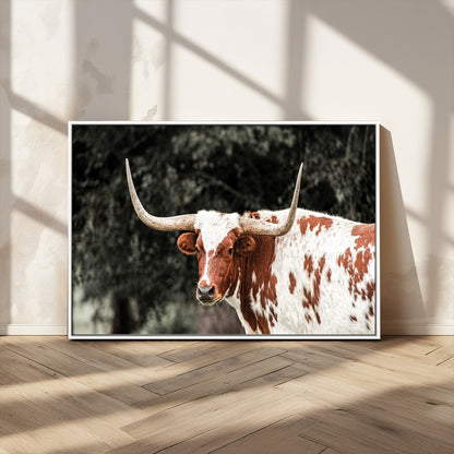 54027638-MGV-CV-36X24-Texas Longhorn Wall Art Canvas Print, Framed Spotted Cow Art Picture Print, Horned Bull Perfect Rustic Western Decor Artwork