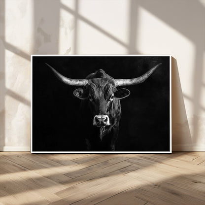 42077175-MGV-CV-36X24-Texas Longhorn Wall Art Canvas Print, Framed Monochrome Bull Art Picture Print, Horned Bull Perfect Rustic Western Decor Artwork