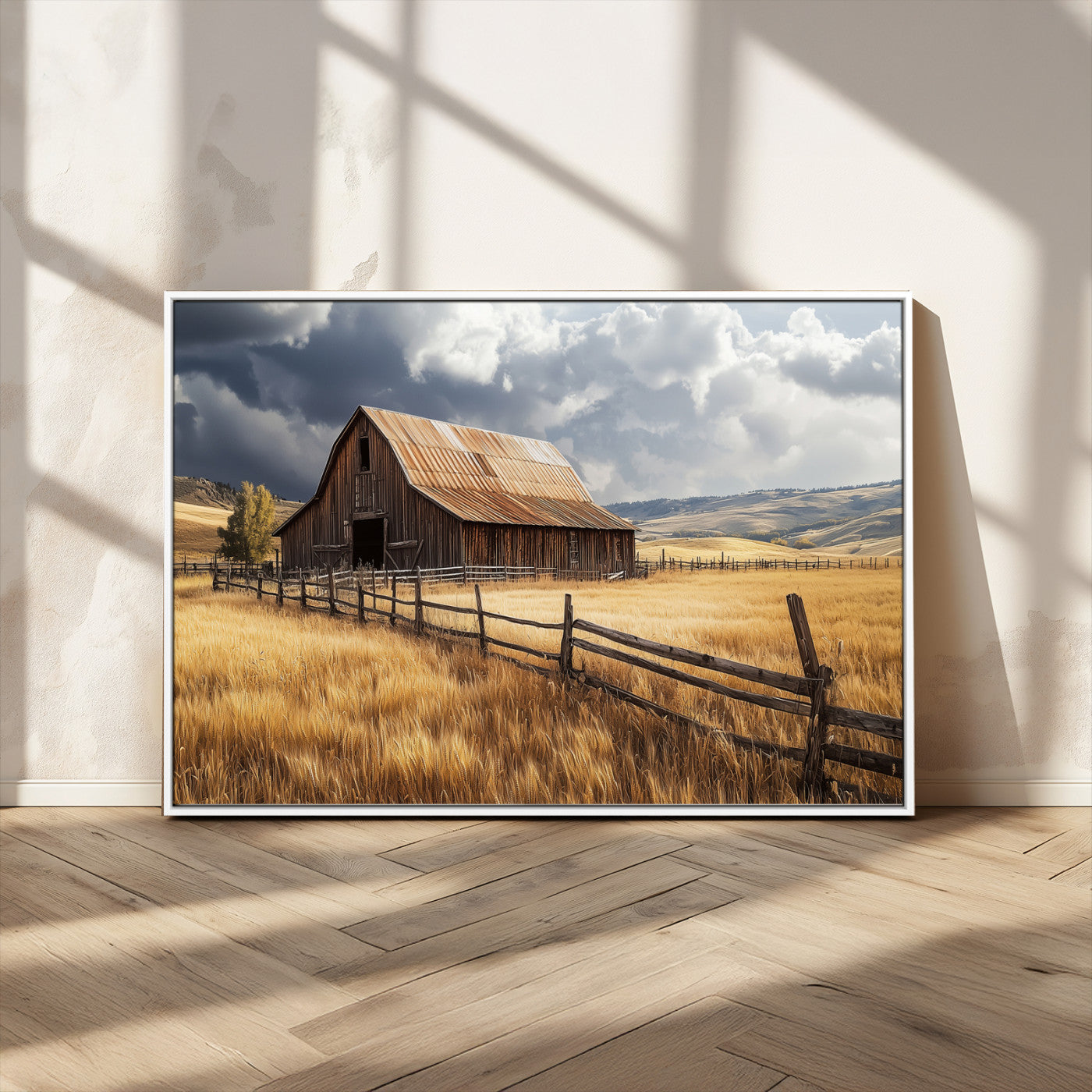 38758826-MGV-CV-36X24-Rustic Barn Wall Art Canvas Print, Framed Moody Barn Art Picture Print, Golden Field Perfect Rustic Farmhouse Decor Artwork