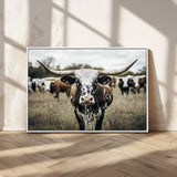 79025945-MGV-CV-36X24-Texas Longhorn Wall Art Canvas Print, Framed Speckled Cow Art Picture Print, Horned Cattle Perfect Rustic Western Decor Artwork