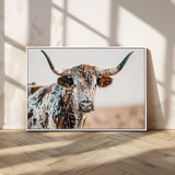70414966-MGV-CV-36X24-Texas Longhorn Wall Art Canvas Print, Framed Speckled Cow Art Picture Print, Horned Bull Perfect Rustic Western Decor Artwork