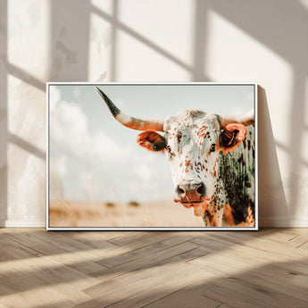 72766375-MGV-CV-36X24-Texas Longhorn Wall Art Canvas Print, Framed Spotted Cow Art Picture Print, Horned Cattle Perfect Rustic Western Decor Artwork