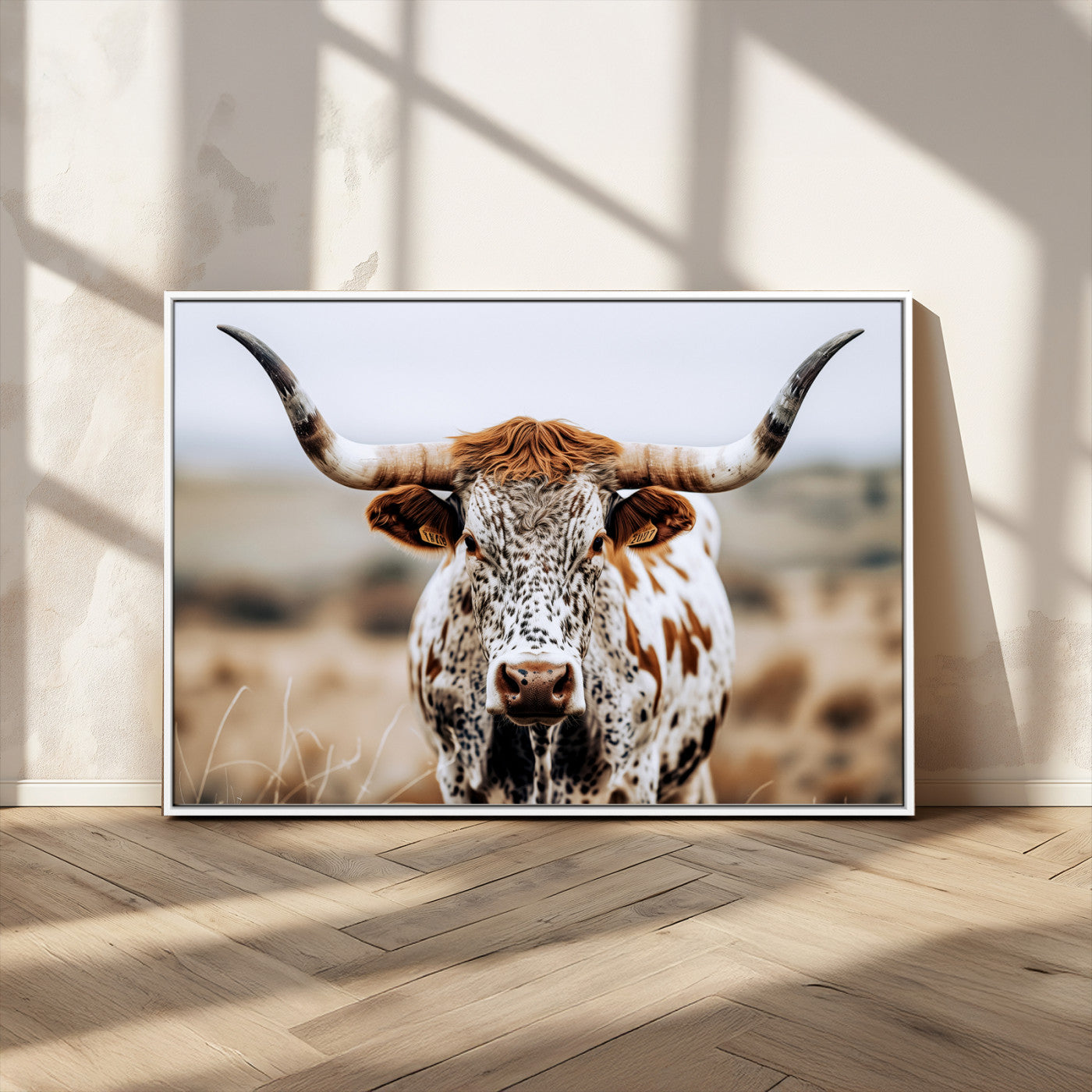 76294381-MGV-CV-36X24-Texas Longhorn Wall Art Canvas Print, Framed Spotted Cow Art Picture Print, Horned Cattle Perfect Rustic Western Decor Artwork