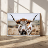 76294381-MGV-CV-36X24-Texas Longhorn Wall Art Canvas Print, Framed Spotted Cow Art Picture Print, Horned Cattle Perfect Rustic Western Decor Artwork