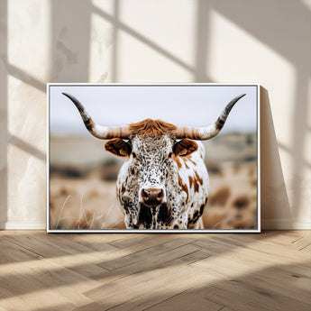 76294381-MGV-CV-36X24-Texas Longhorn Wall Art Canvas Print, Framed Spotted Cow Art Picture Print, Horned Cattle Perfect Rustic Western Decor Artwork
