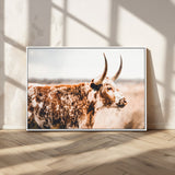 11528295-MGV-CV-36X24-Speckled Longhorn Wall Art Canvas Print, Framed Texas Cattle Art Picture Print, Horned Cow Perfect Rustic Western Decor Artwork