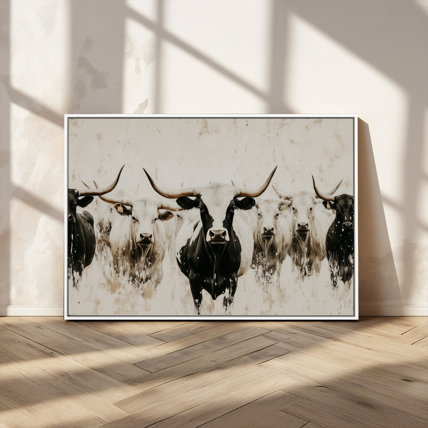 12027562-MGV-CV-36X24-Longhorn Cattle Wall Art Canvas Print, Framed Bison Herd Art Picture Print, Cattle Group Perfect Rustic Farmhouse Decor Artwork