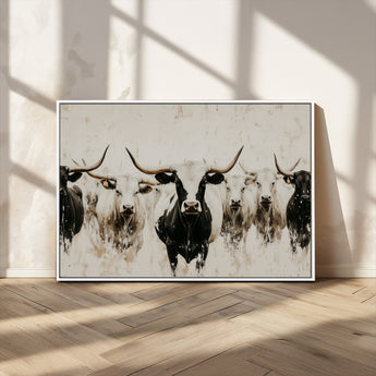 12027562-MGV-CV-36X24-Longhorn Cattle Wall Art Canvas Print, Framed Bison Herd Art Picture Print, Cattle Group Perfect Rustic Farmhouse Decor Artwork