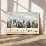 64188182-MGV-CV-36X24-Elk Herd Wall Art Canvas Print, Framed Snowy Forest Art Picture Print, Forest Elks Perfect Neutral Rustic Decor Artwork