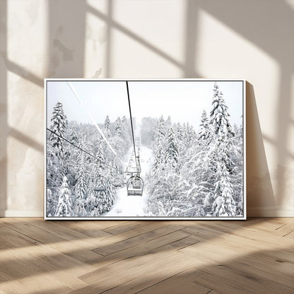 60296839-MGV-CV-36X24-Snowy Mountains Wall Art Canvas Print, Framed Ski Lift Art Picture Print, Winter Forest Perfect Winter Minimalist Decor Artwork